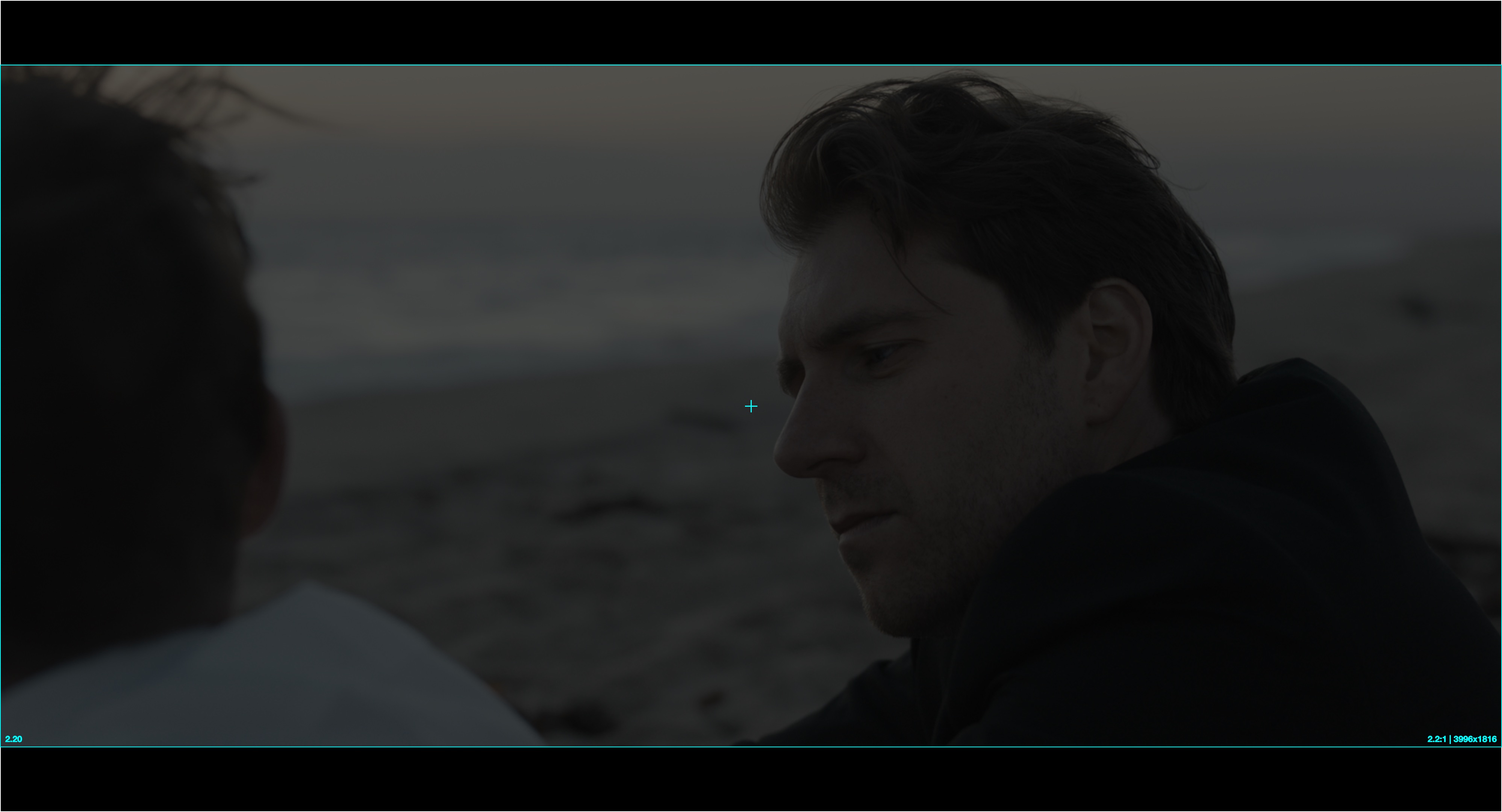 A 2.20:1 active image letterboxed inside a Flat DCP and projected on a Flat-native screen, leaving only top and bottom bars.